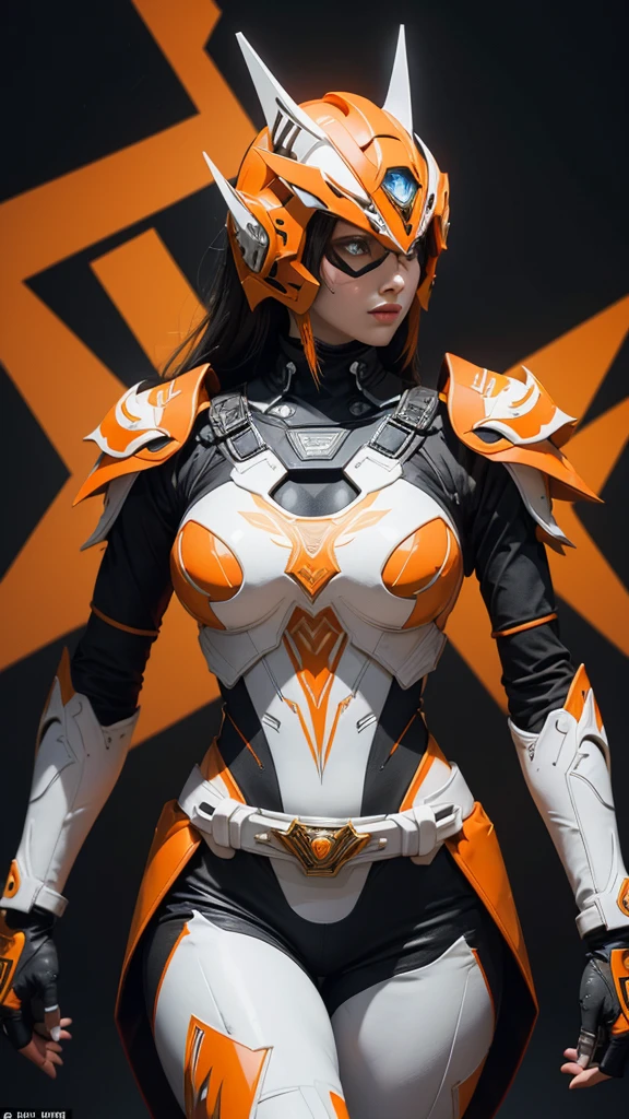 Here is a detailed description of the character in the image:

### Head:
- **Helmet**: The helmet is predominantly orange with intricate geometric patterns.
- **Faceplate**: The faceplate is white with angular eye openings Here is a detailed description of the character in the image:

### Head:
- **Helmet**: The helmet is predominantly orange with intricate geometric patterns.
- **Faceplate**: The faceplate is white with angular eye openings that are filled with yellow mesh, giving it a mechanical, insect-like appearance.
- **Horn/crest**: The top of the helmet features a pronounced orange crest that extends upwards.

### torso:
- **Chest armor**: The chest is covered in segmented armor, with the right side being orange and the left side white. The armor has geometric designs and a high-tech look.
- **belt**: A black belt with a central blue and orange device, possibly a transformation or activation mechanism.
- **Shoulder pads**: Asymmetrical shoulder pads, with the right one being larger and orange, while the left is smaller and white.

### Arms:
- **Right arm**: Orange armor with black geometric patterns.
- **Left arm**: White armor with similar patterns but more subdued.
- **Gloves**: Both hands are covered in white gloves with mechanical detailing.

### Legs:
- **Right leg**: Orange armor with black geometric designs, mirroring the right arm.
- **Left leg**: White armor, matching the left arm in color and pattern.

### Overall Appearance:
- **Color Scheme**: A striking asymmetrical design with a mix of orange, white, and black, creating a visually dynamic and high-tech look.
- **Style**: The character's overall design is sleek and modern, with a strong emphasis on geometric patterns and a high-tech, futuristic aesthetic.

Textured skin, Super Detail, Attention to detail, high quality, 最high quality, High resolution, 1080P, hard disk, Gorgeous beauty,(Kamen Rider),(Female rider),Bodysuits,Combat Suit,Transformation Belt,BATTLE MODE,Metal,Transform into Kamen Rider,

One girl, solo, Simple Background, Large Breasts, 