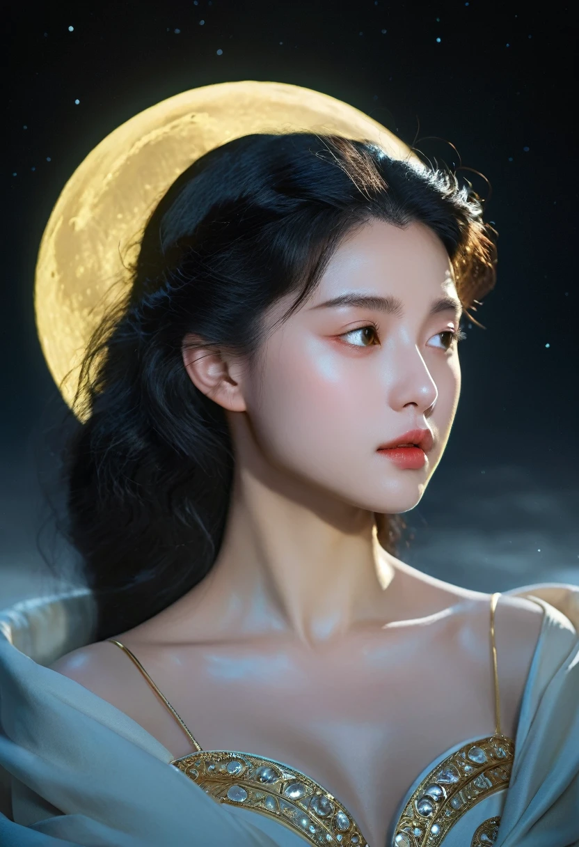 Bust Close-up，Big Moon，Beautiful light and shadow，Delicate facial features，black gold，poster，photography，Blockbuster movies，Clean background