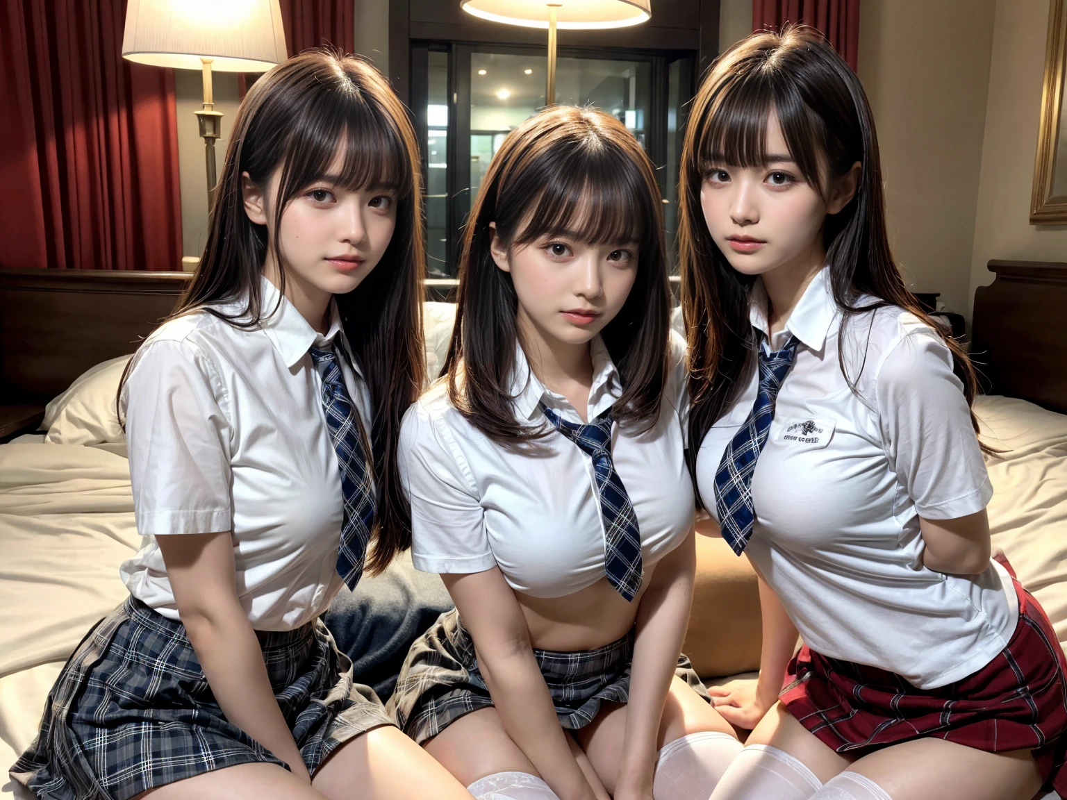 masterpiece, best quality, illustration, Super detailed, fine details, High resolution, 8K,wall paper, perfect dynamic composition,(Details High quality, realistic depiction of eyes:1.3), (3 girls), (white school shirt :1.2), (plaid skirt :1.3), tie black, black thigh-high stockings, sitting, open legs, short bob hair, in a hotel room in the background, deep on field, large breasts, black hair color, Big Natural Color Lip, (perfect body shape), crying a little、Harajuku style、20 year old girl、cute type、beautiful legs, Gravure Idol