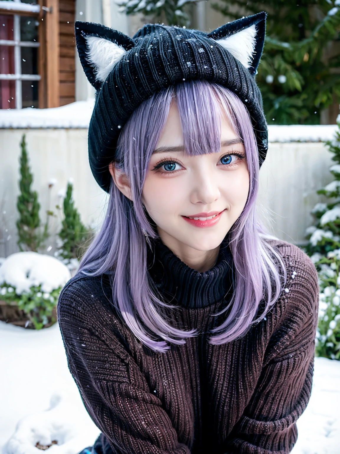 woman, adult, black beanie, cat ears, lavender colored hair, snow, snowing, lavender eyes, lavender contacts, black sweater, grin