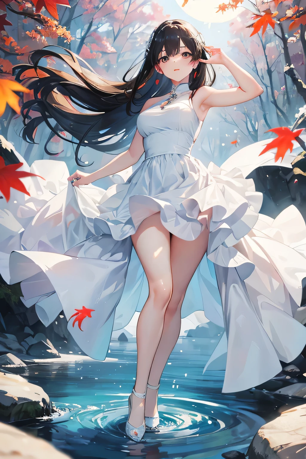 An elegant woman,Bright colors of fall,Smooth complexion,Exudes luster and softness,Wearing a long white dress fluttering gently in the wind,The cascading dark hair creates a striking contrast。Her arms are like polished jade,stretch out,Reflecting the warm sun。The wind gradually blows,Blowing her hair and skirt,Showing her snow-white calves,It adds a seductive charm to her appearance。