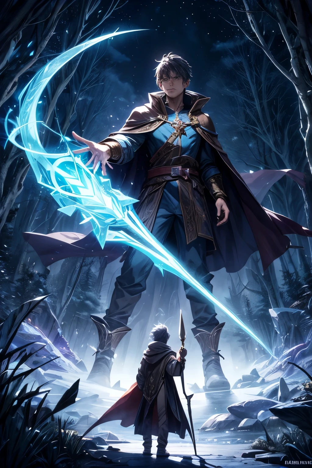 "An old wizard named Eldric, wearing a tattered robe and holding a magical staff, stands before a young man named Alex. They are in an enchanted forest illuminated by the light of the moon. Eldric explains to Alex that he has been summoned to the world of Arcania to defeat the demon king Mortan, who is threatening the existence of the world. Eldric hands over a glowing magical crystal, granting Alex extraordinary magical powers. Alex looks surprised but eager, ready to face his destiny as a hero."