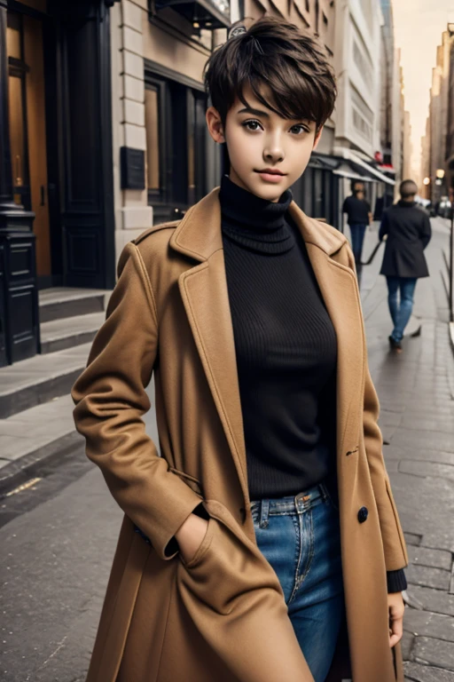 A 15 year old beautiful slim girl,short hair, tomboy hairstyle, breasts, wearing coat.