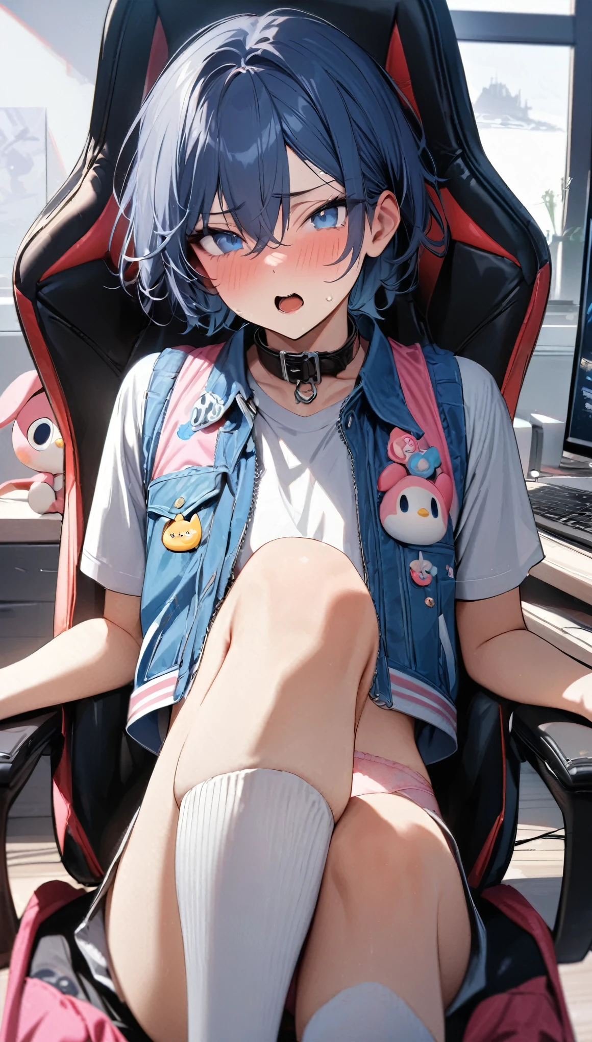 (((best quality)), ((masterpiece)), (details), masterpiece, best quality, high quality, ulutra detailed, perfect face,1 cute boy，, Blue short hair, Gorgeous, ( blue eyes), best quality, high resolution, masterpiece, Very detailed, Male focus, sit, shirt, Pants, best quality, excellent quality, Best aesthetics, absurd, On his gaming chair，The background is the bedroom computer，Wearing knee socks、Pink panties、My Melody Cropped Vest and Collar，Open mouth，Blushing shy