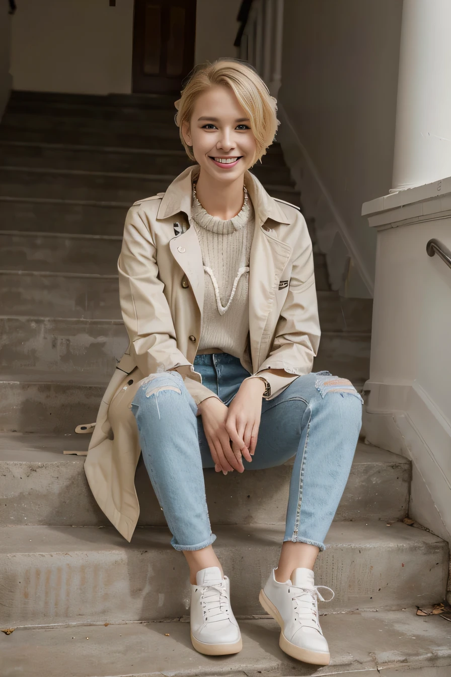 Highest quality, High resolution, 8k wallpaper, beautiful white woman、, Sitting on the stairs 、trench coat、, Skinny jeans, White sneakers 、 Blonde Hair 、Short Haircut、Wavy Hair、 、ear piercing、smile、Beautiful teeth alignment
