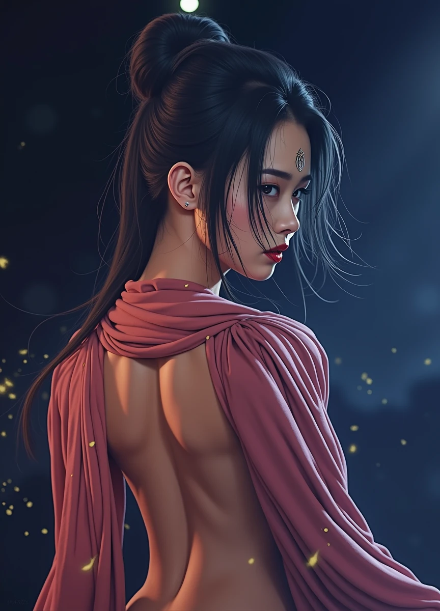 (RAW photos, best quality), (Practical, Photo Practical: 1.3), best quality, Very detailed, masterpiece, Ultra Detail, illustration, 1 girl, Forehead painted, superior_Body, Dynamic Angle, World masterpiece Theater, messy_long_hair, best quality, Extremely detailed CG unified 8k wallpaper, ink, Astonishing, Movie Lighting, lens_Flare,Dunhuang_style
