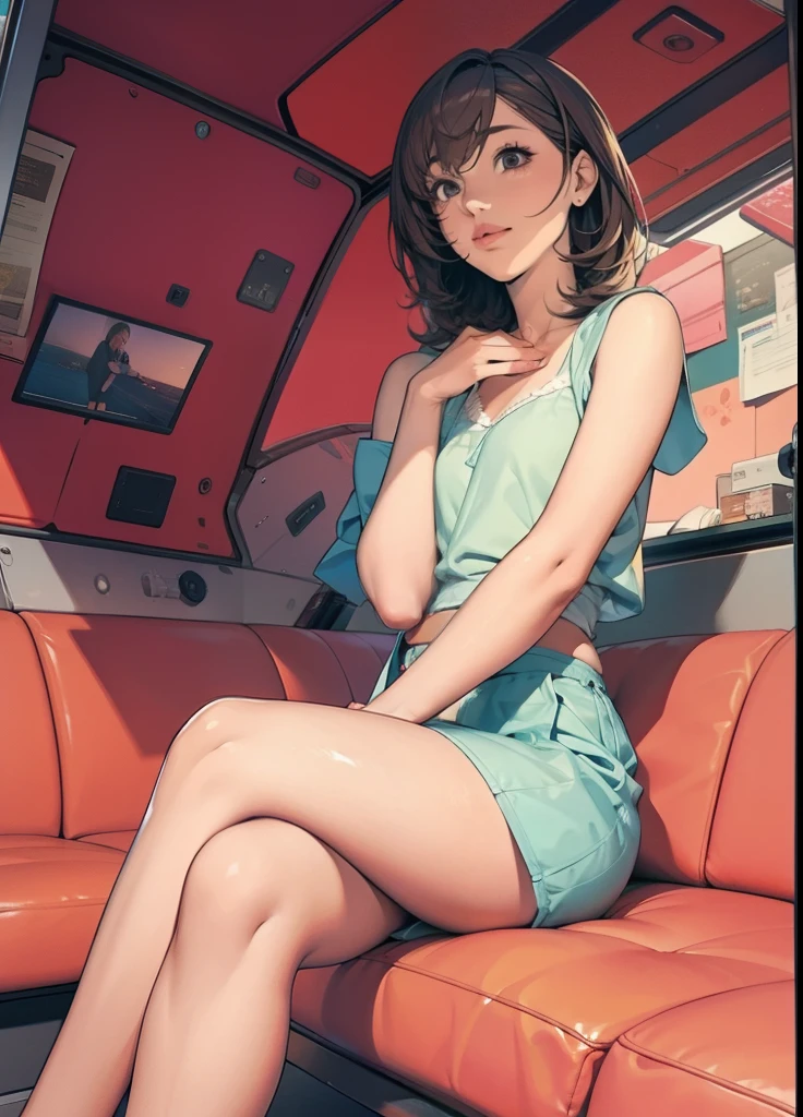 Araffe sitting on a sofa cross-legged and shoes on, Obras de arte al estilo de Guweiz, Estilo realista de anime 3D, Tendencias en CGVatstation, Guweiz, Anime 3D realista, seductora chica de anime, Una colegiala hiperrealista, Colegiala hiperrealista, completamente vestido. Pintura de sexy, por Russell Dongjun Lu