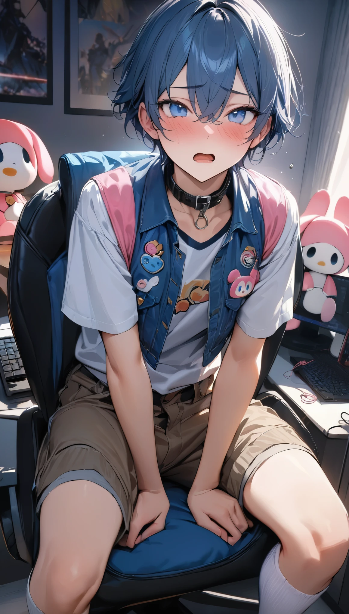 (((best quality)), ((masterpiece)), (details), masterpiece, best quality, high quality, ulutra detailed, perfect face,1 cute boy,16 years old, Blue short hair, Gorgeous, ( blue eyes), best quality, high resolution, masterpiece, Very detailed, Male focus, sit, shirt, Pants, best quality, excellent quality, Best aesthetics, absurd, On his gaming chair,The background is the bedroom computer,Wearing knee socks、Pink panties、My Melody Cropped Vest and Collar,Open mouth,Blushing shy,The right hand