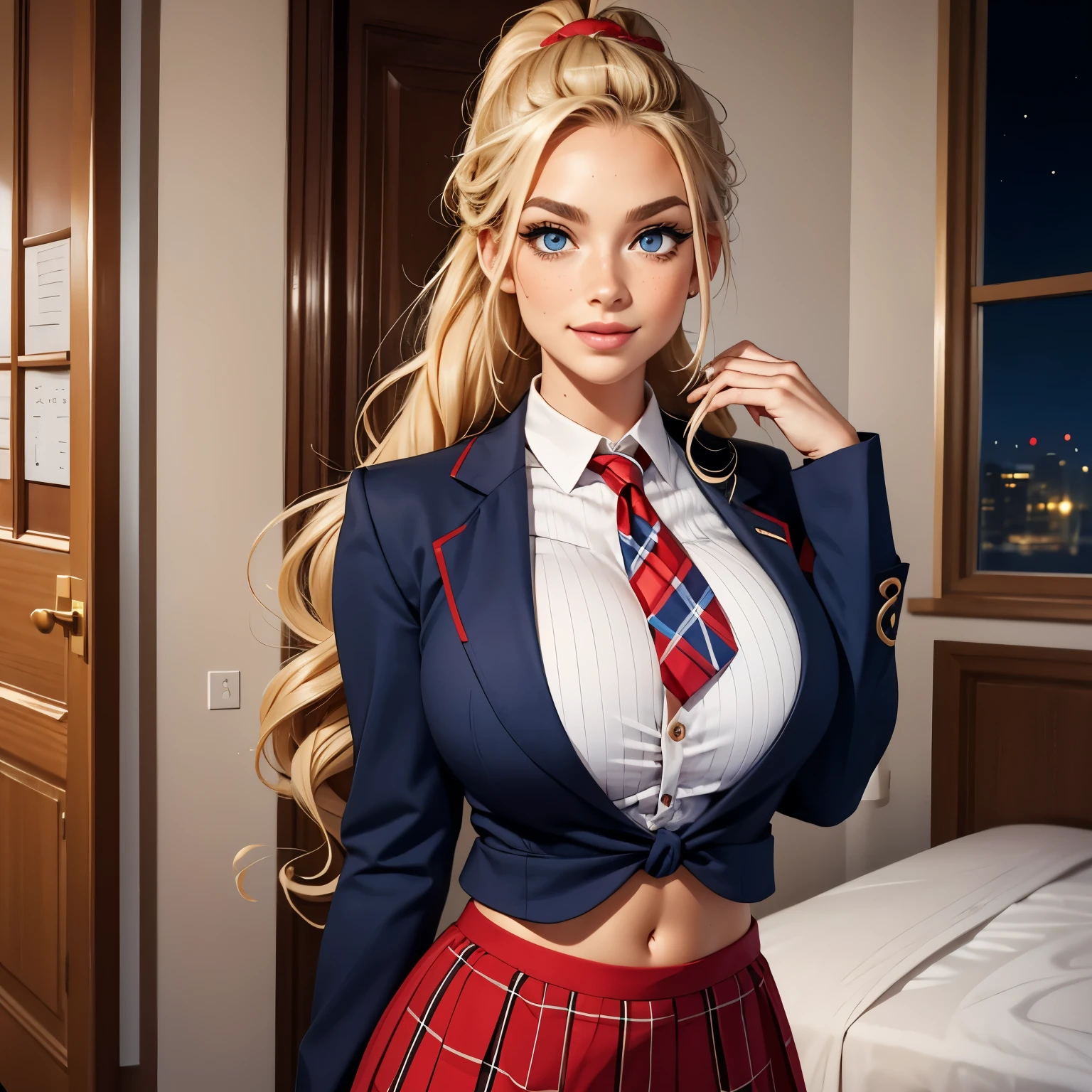 blonde, very long ponytail, very curly hair, French braid through ponytail, huge , massive , even bigger , bright blue eyes, high quality eyes, buttons, freckles, scarlet tartan skirt, very big very curly hair, armband, classroom, uniform, smile,   skin tight clothes,  come hither face, sultry face, tie, red, deep red, blood red, hair up, night, night time, blazer, cropped blazer, bare stomach, standing, standing attentively, attentively, attentive, 