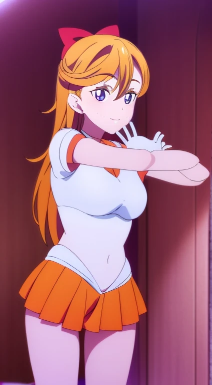 Masutepiece, best quality, hight resolution, sv1, Matrosen-Senshi-Uniform, Orange skirt, White panties visible from the miniskirt、bikini panties、white shorts, visible under the white hort term、Elbow Groves, tierra, pleated skirt, Fold up a miniskirt, white panty、Beautiful camel toe lace panties、red bow, orangechoker, white gloves, jewellery, starsky, tough pose, easy smile, portrait, floating, Mond, upper body