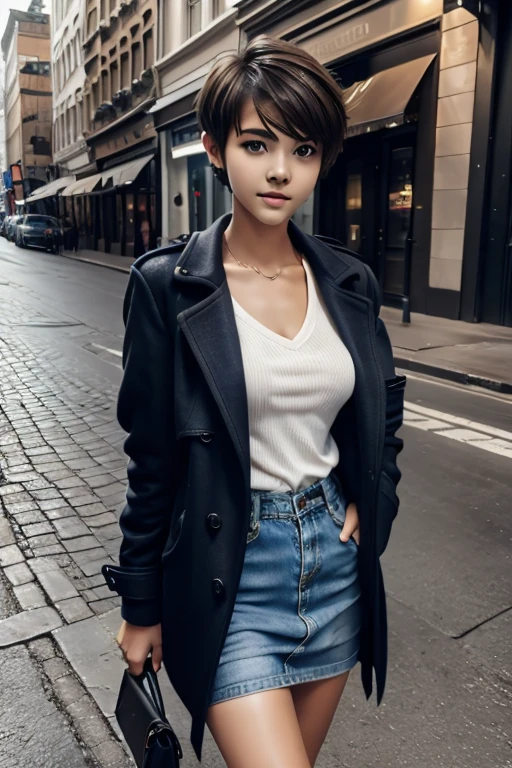 A 15 year old beautiful slim girl,short hair, tomboy hairstyle, breasts, wearing short coat.