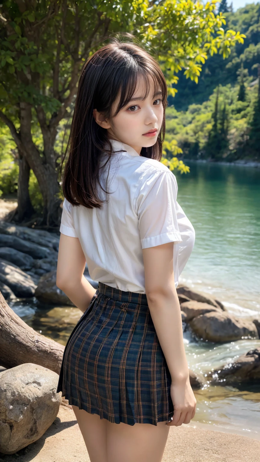 (absurdres:1.3), (highres:1.3), (ultra detailed:1.3),(1girl:1.3), (extremely detailed CG unity 8k wallpaper:1.3), (detailed skin texture, detailed cloth texture, detailed hair texture), (beautiful detailed face, supermodel, pale skin, realistic glistening skin), (RAW photo, best quality), (realistic, photo-realistic:1.4), masterpiece, extremely delicate and beautiful,Amazing, finely detail, extremely detailed CG unity 8k wallpaper, huge filesize, ultra-detailed, highres, absurdres, soft light,rim light, vibrant details, hotel room, straight hair, large breasts, black hair color, Big Natural Color Lip, (perfect body shape), beautiful legs, 20 years old, Beauty、Well-formed face、Make your eyes even、Large sagging eyes、Beautiful black hair、Has bangedium build、Well-balanced proportions、Arms wrapped around his back, hands tie behind back, Tartan plaid pleated skirt、Blue Short Sleeve Blouse、Beautiful scenery、(front view:1.3), Leaning against a large tree on the shore of a beautiful lake、