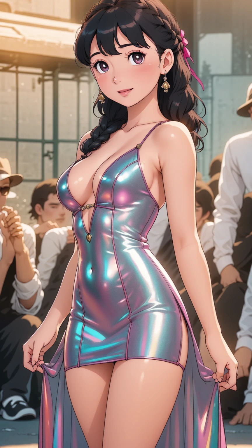 ((best quality)), ((masterpiece)), (detailed), perfect face,light blush,smile,detailed pupils,cowboy shot, , ( ,), looking at viewer,beautiful woman girl,(skindentation:1.2), shiny skin, best quality, ultra high res, (photorealistic:1.4),sexy dress,beautiful background