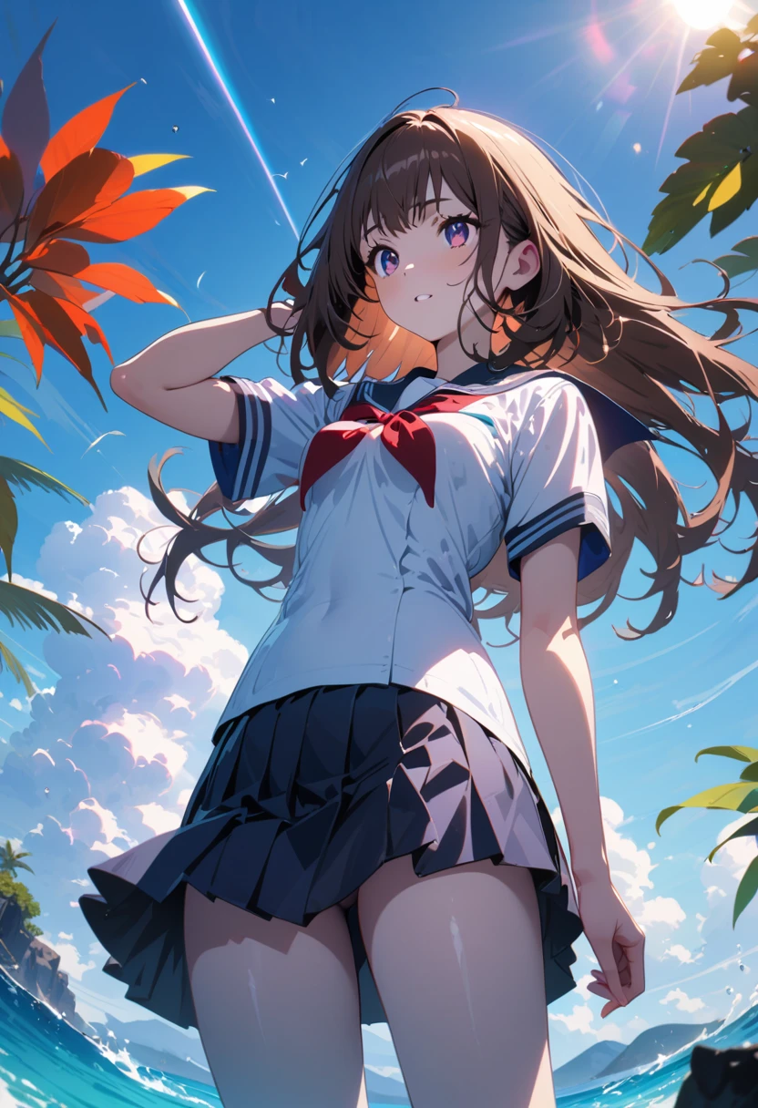 (best quality: 1.2, very detailed, high detail, Ultra-high resolution, latest, lively, masterpiece: 1.2, top quality, best aesthetic, perfect lighting, best shadow, high contrast, the best natural light), Anime artwork,
anatomically correct, perfect hands,
((beautiful attractive high school girl, 1 girl)),
(Japanese school girl uniform, Japanese sailor suit, short sleeves),
long straight hair, bangs, shiny dark brown hair,
(small face:1.2), long body, long limbs, white skin, slender body, toned body, arm behind head,
sparkling dark eyes, moist eyes, (finely detailed beautiful eyes: 1.3), gazing into the distance,
seductive face, adorable face,
summer, daytime, scenery, beautiful ocean and blue sky, natural light effects,
cowboy shot, (shot from below: 1.2),
deep depth of field,