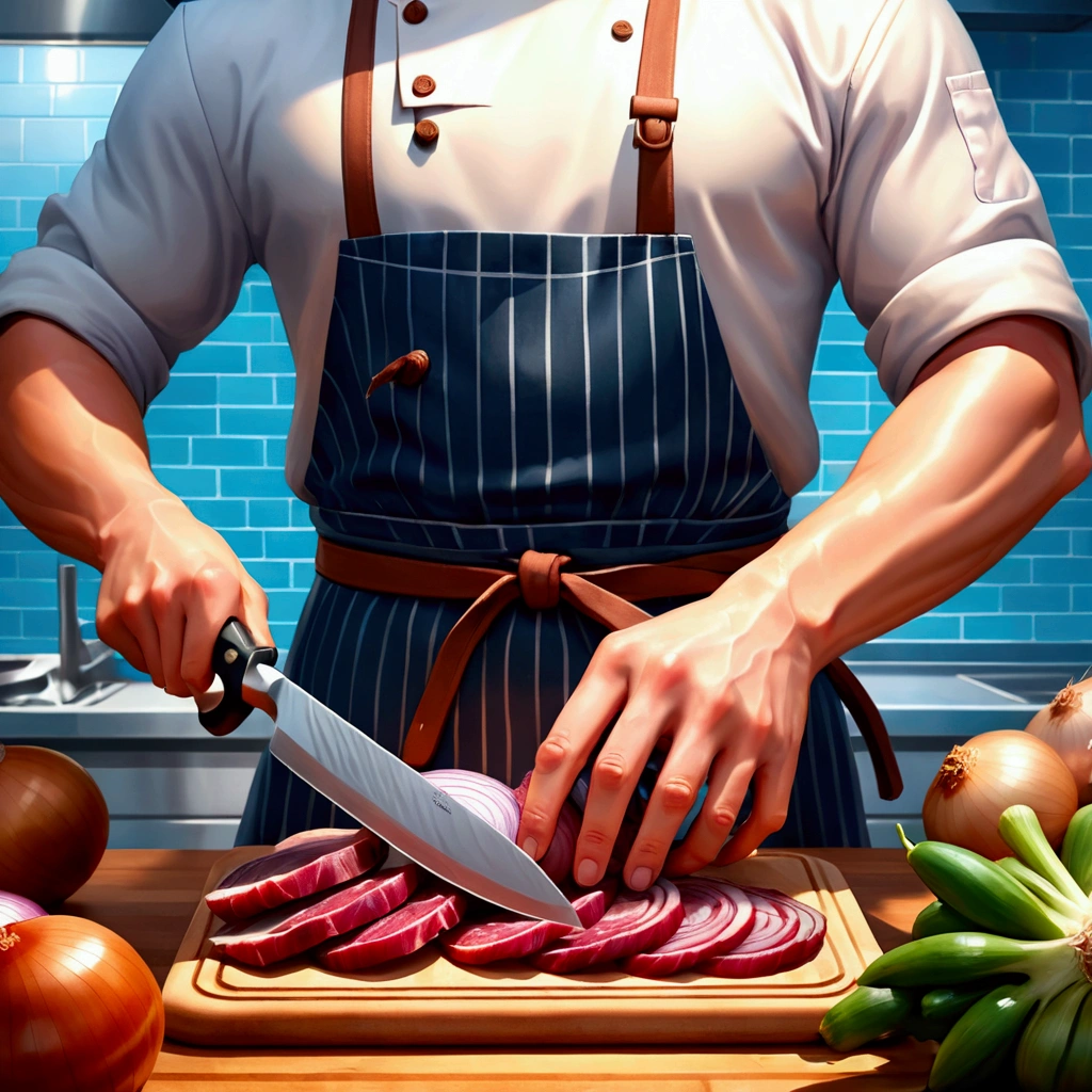 cutting board,knife,food,kitchen knife,male focus,solo,holding knife,meat,holding,1boy,onion,(Food close-ups:1.1),