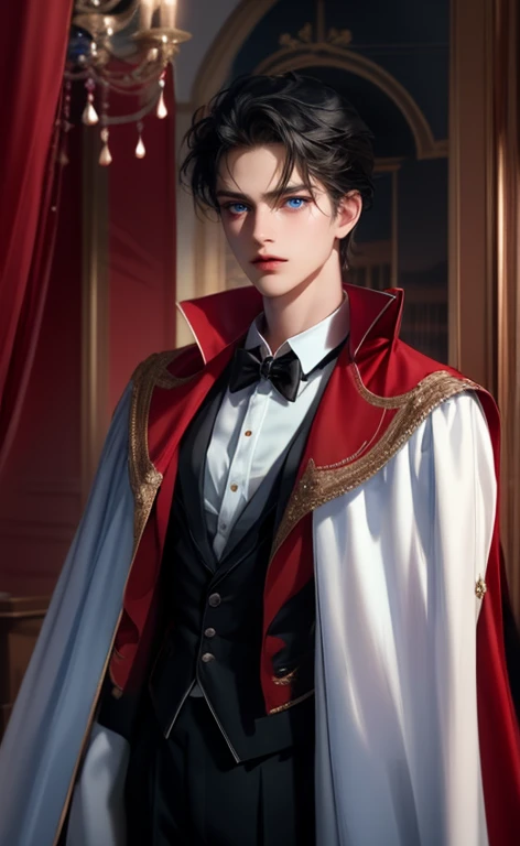 masterpiece, 最high quality, high quality, 1 boy, alone, Male focus, Watching the audience, Messy black hair, Adorable big blue eyes, White, Noble, Noble,A sexy, voluminous, puffy cape、tuxedo、A very voluminous, large, very large, very large, long, long red and black cape with a high stand-up collar, made of a lot of fabric that reaches down to the floor., 17 years old,Cute beautiful boys,Cute, cute, kind, handsome guy