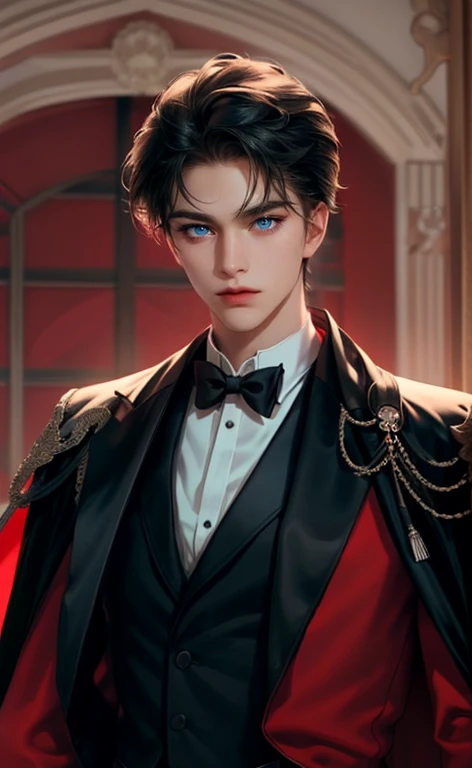 masterpiece, 最high quality, high quality, 1 boy, alone, Male focus, Watching the audience, Messy black hair, Adorable big blue eyes, White, Noble, Noble,A sexy, voluminous, puffy cape、tuxedo、A very voluminous, large, very large, very large, long, long red and black cape with a high stand-up collar, made of a lot of fabric that reaches down to the floor., 17 years old,Cute beautiful boys,Cute, cute, kind, handsome guy