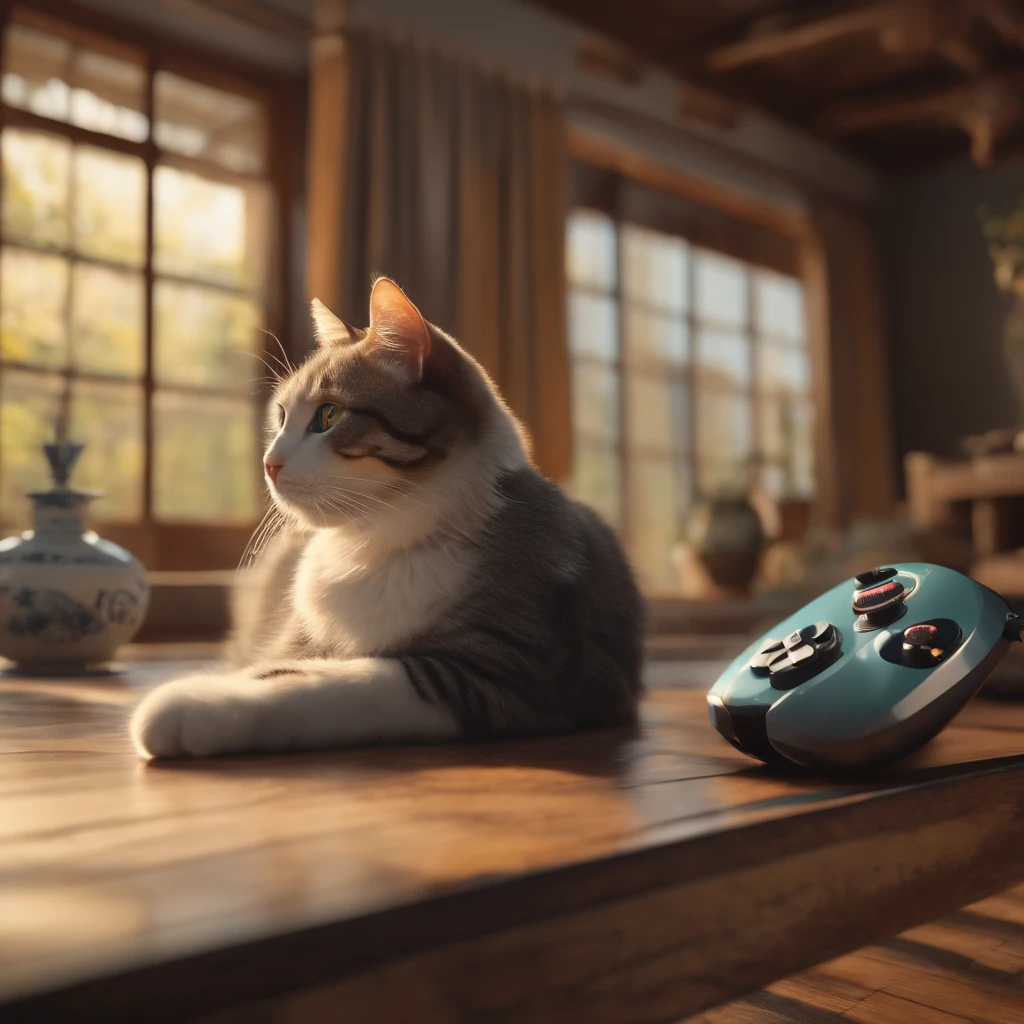 A cat playing video games as a ukiyo-e, high resolution, 8k hd, watermark smooth, image big resolution 4Mb + data, realistic color, filmography, paintings 4dA macro, detailed image with an out of focus background. The portrait is realistic with studio lightinghyper-realistic painting, super 8k HD, high quality, highest quality, 32k -v 6