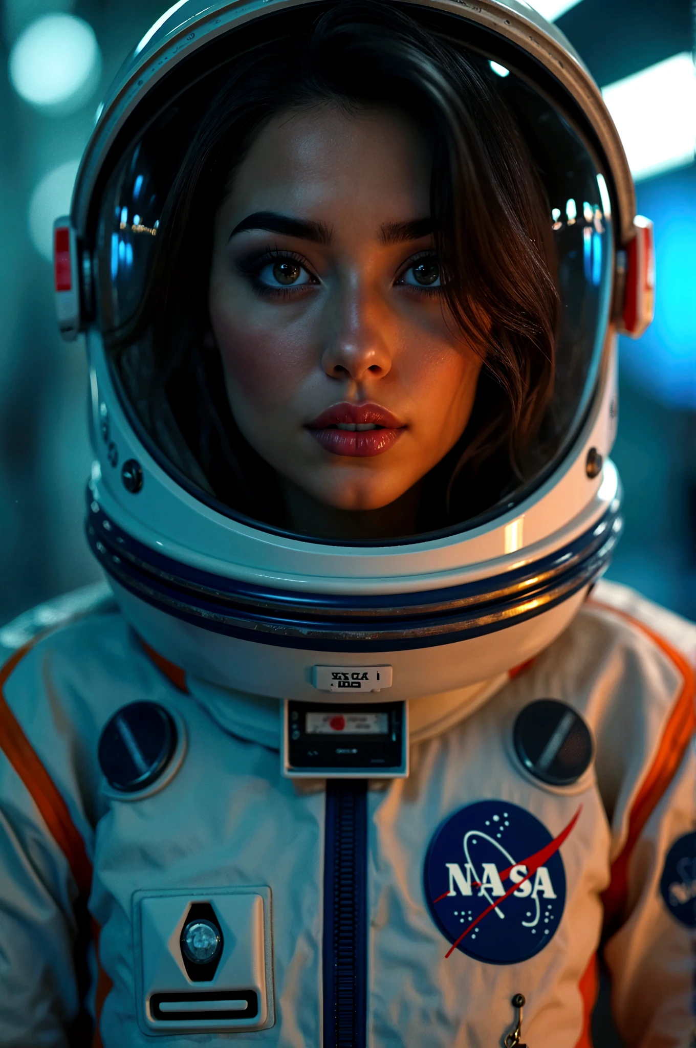 cute, beautiful, stunning woman, (closeup, epic), , photo of a woman,  , unbuttoned white space suit, inside spaceship, attractive, looking at viewer, hyperdetailed, closeup
