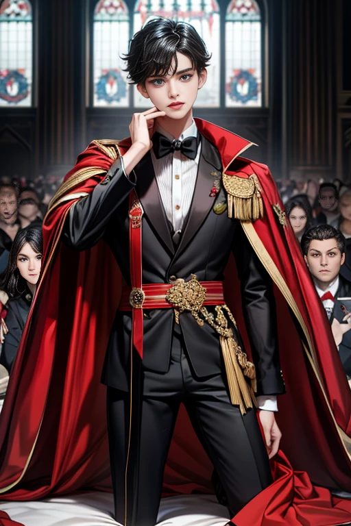masterpiece, 最high quality, high quality, 1 boy, alone, Male focus, Watching the audience, Messy black hair, Adorable big blue eyes, White people, Noble, Noble,Sexy voluminous black and red cape、Tuxedo、A very voluminous, large, very large, very large, long, long red and black cape with a high stand-up collar, reaching down to the floor, made of a lot of fabric., 17 years old,Cute beautiful boys,Cute, cute, kind, handsome guy