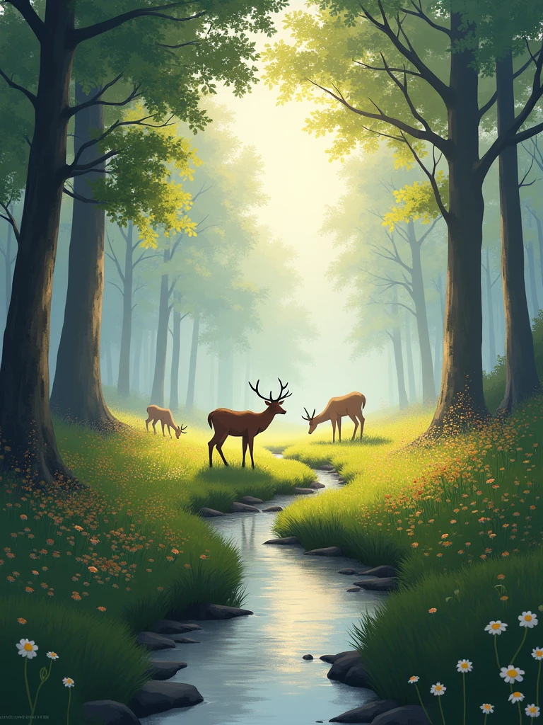 Impressionistic art style of a tranquil forest glade at dawn, with soft morning light filtering through the tall trees, casting gentle shadows on the lush, dew-kissed grass. A small, clear stream meanders through the scene, reflecting the pastel colors of the sky. In the background, a family of deer grazes peacefully, surrounded by wildflowers in bloom. Cinematic composition, trending on ArtStation.