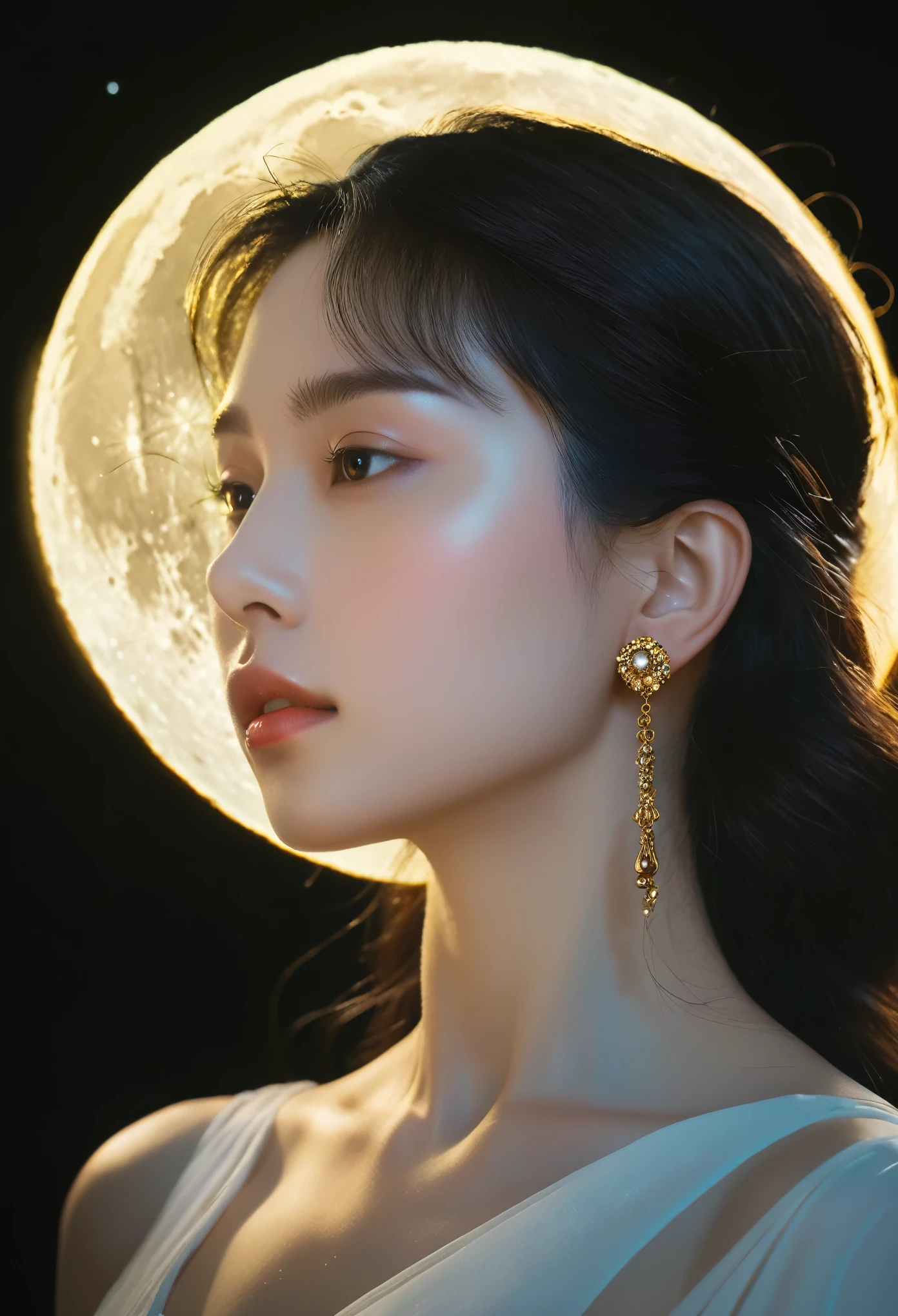 Bust Close-up，Big Moon，Beautiful light and shadow，Delicate facial features，black gold，poster，photography，Blockbuster movies，Clean background