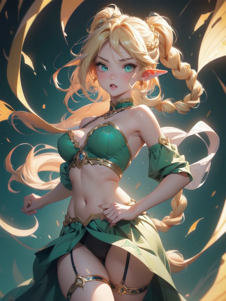 high resolution:1.7, incredibly absurdres, kawaii:1, cute:1.5, hires.fix, anime visual:1, incredibly fine illustration,8k,masterpiece:1.2,best quality, high quality, exquisite, beautiful, insanely detailed, intricate detailed, extremely detailed, Super Definition, ultra high res, Super Resolution, best aesthetic, ultra detailed:1.5, best quality, perfect face, detailed face,illustration:1.2, 8k cg wallpaper, stunning art,absurdres,octane render,ultra hires, Japanese Actress,(Idol),18yo,Beautiful,(Cute and lovely),cute girl,((anime elf with extremely cute and beautiful blonde hair)),((((blonde single braid,colored inner hair,ear breathing)))),(((green_eyes:1.3))),intricate eyes,beautiful detailed eyes,symmetrical eyes,big eyes:1.5,enchanting bright eyes studded with gold and silver dust,(((pinky and glowing_skin,shiny body,plastic glitter skin,exaggerated shiny skin,illuminated skin))),upward breasts,waist slender,(detailed body,(detailed face)),daring,zettai ryouiki,show skin,best relationship with four fingers and one thumb,Very Fine Face and Eyes,Very Fine Hair,(Perfect Anatomy),Garter Belt,Bare shoulders,Check out our thru-rack chokers and midi rings with chains,beautiful face,seductive young girl,female focus,full body,(perfect body),cool,Her face is extremely detailed and expressive.kawaii,the girl exudes confidence and elegance,Her pose and expression convey a sense of empowerment and strength.She has long eyelashes that add to her captivating appearance,The girl's hair is styled in a sleek and sophisticated,highly detailed face and hair,pale eyes,a well-defined nose,faint lips,seductive and confident smile,standing,fighting stance,battle,fight,(action pose:1.4),fist in hand,fist bump,open mouth,pointy breasts,a girl wearing a Pink cyber suit with micro skirt, gold accents,holding hair gold ornament.side-tie panties,garter belt,purple Stockings,bare shoulders,Torn clothes,expensive,midriff peek,allure pose,(tentacle pit),red tentacle,black Choker with chains