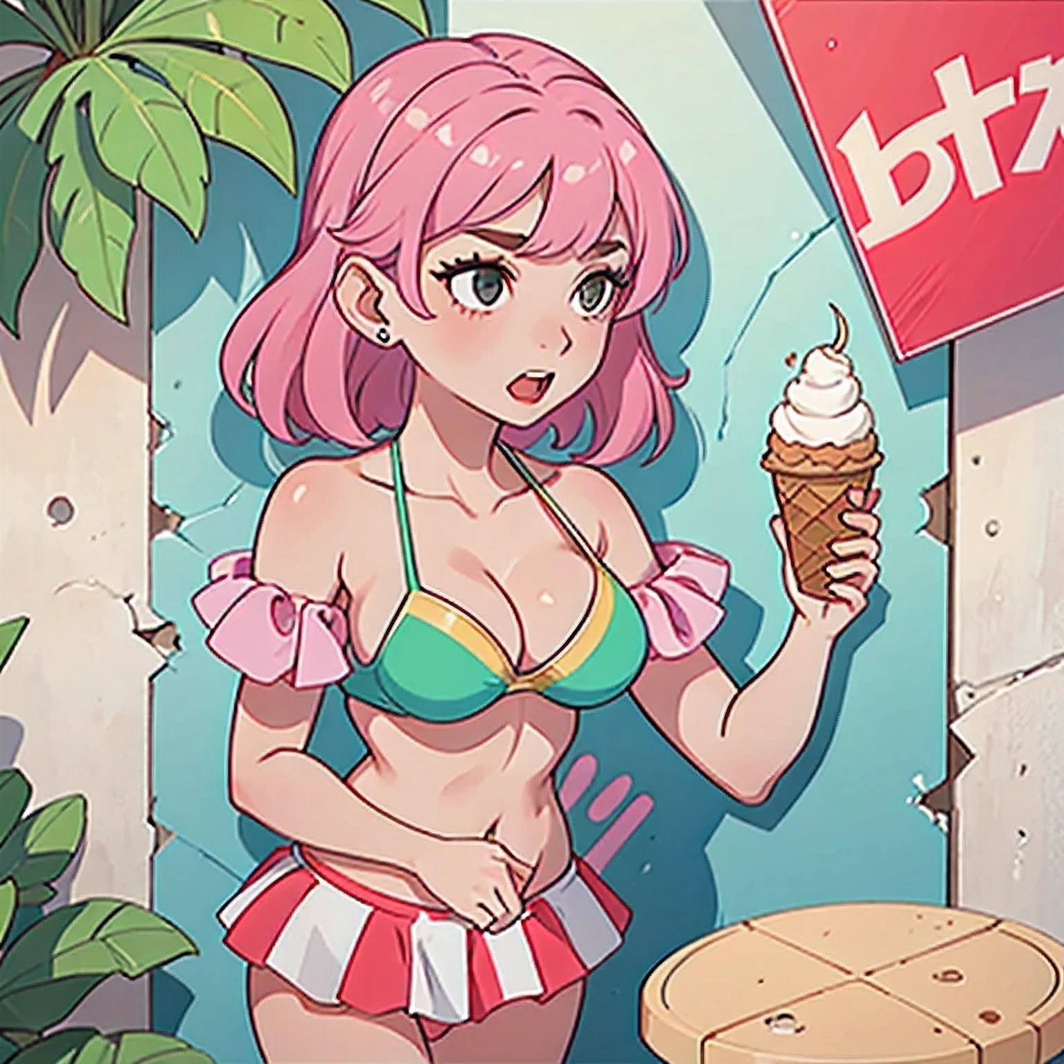 girl in a bikini eating an ice cream cone, eating ice cream, in a bikini, angela white, giorgia meloni, katy perry, in bikini, eating ice - cream, wearing spandex bikini, ice cream on the side, bikini, ice cream, wearing a bikini, candid photo of dirty, shiny plastic bikini, candid shot, cone, 1 girl, solo,in a green dress standing by a wall,portrait of female idol
