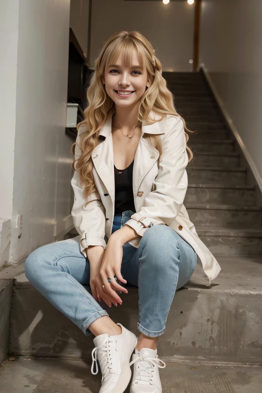 Highest quality, High resolution, 8k wallpaper, beautiful white woman、, Sitting on the stairs 、trench coat、, Skinny jeans, White sneakers 、 Blonde Hair 、、Wavy Hair、 Beautiful Bangs 、ear piercing、smile、Beautiful teeth alignment