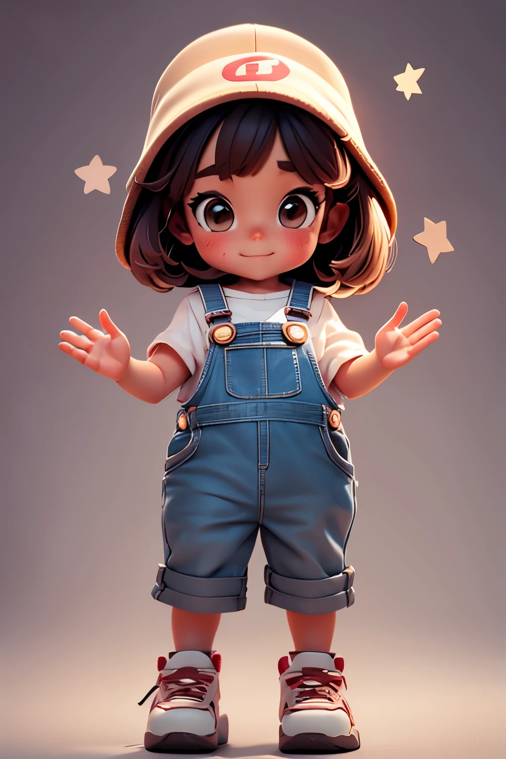Attention to detail, Super Detail, Ultra-high resolution, Pixar Style, Cute and innocent girl, child, , Standing happily with hands outstretched, Creates a playful atmosphere, Background is white, Overalls, whole body, Shortcuts,