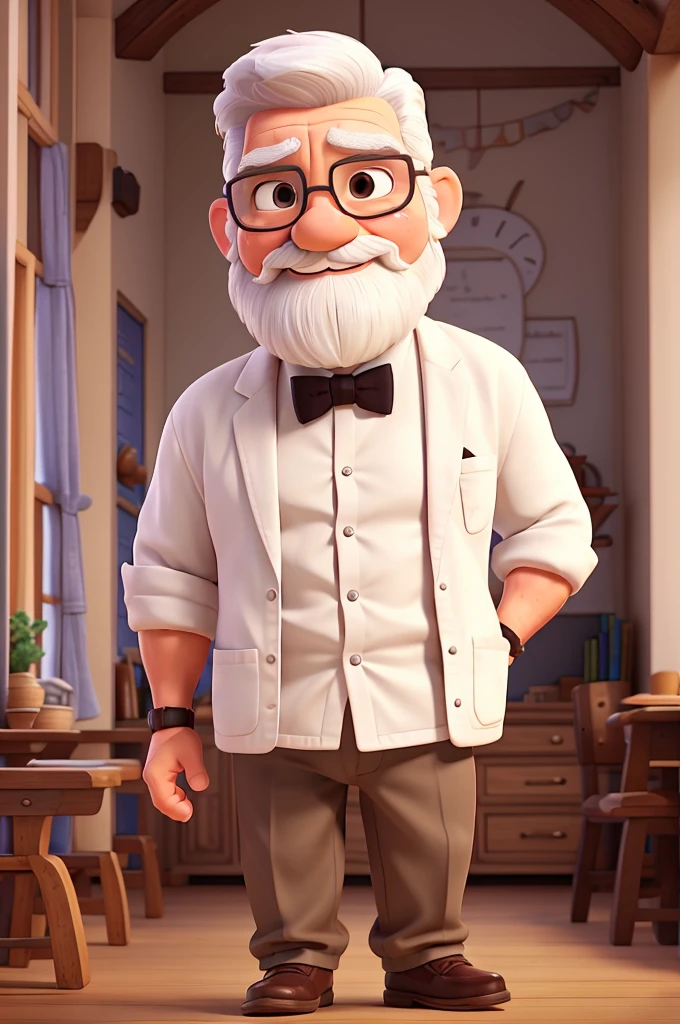 little man, 70 years old, very strong,has muscles, brawny, has white hair, white mustache, white bearded, teacher, wears a white coat and bow tie, wear glasses