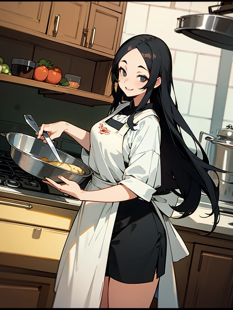 {best quality}、System kitchen、Long Black Hair、forehead、2５Old woman、beautiful breasts beautiful breasts、Holding a knife and cooking、openmouth、smile、apron、shorts、standing、cowboy shot、Low angle