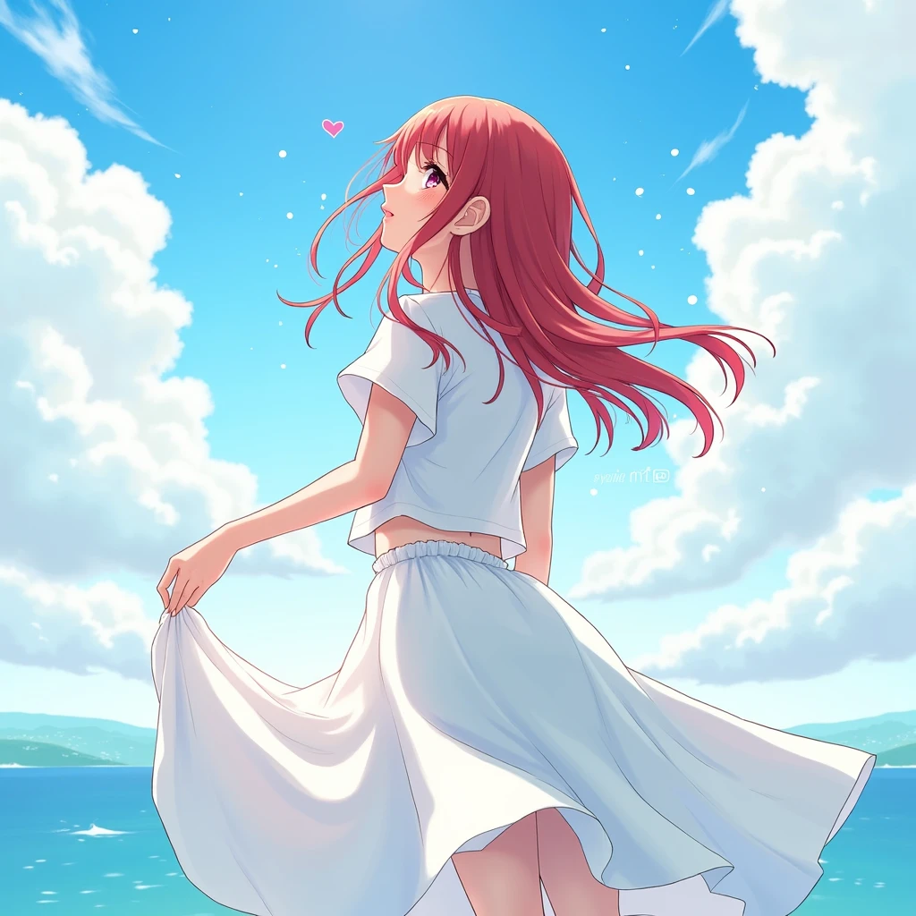 A girl looking at the weather with a dazzling look、Back view、shinkai、Brood、White clothes、Full body photo、As seen from the top right