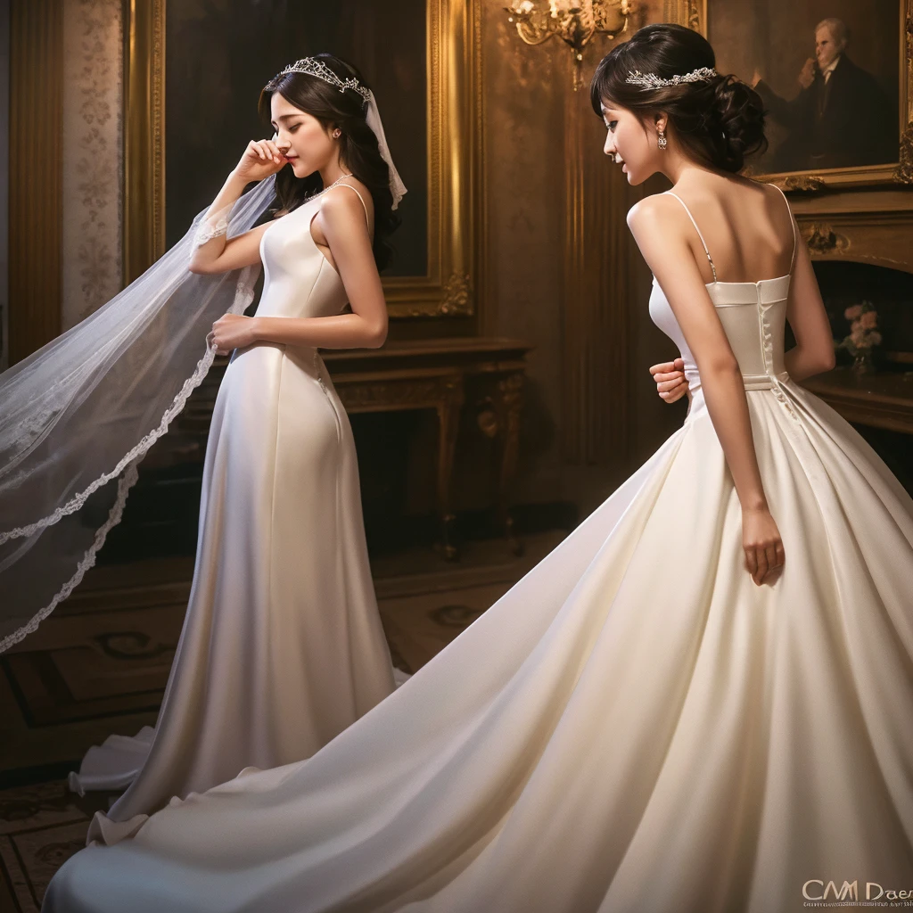 (best quality, high definition, masterpiece:1.2,), Illustration, night, 1girl, full body, (wedding dress), arm behind back, waiting for kiss, looking at viewer, happy, blush,   hyper-realistic painting, super 8k HD, high quality, highest quality, 32k -v 6, high resolution, 8k hd, watermark smooth, image big resolution 4Mb + data, realistic color, filmography, paintings 3d, 