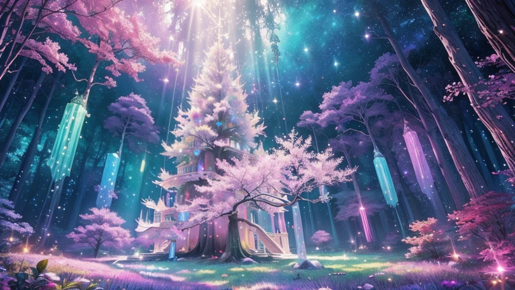 ((masterpiece)),((highest quality)),((high detail)),nobody, Magical space, A mysterious space, Pastel-colored forest, colorful, Jewel Tree, A lot of gems, Sparkling, Shining Wind