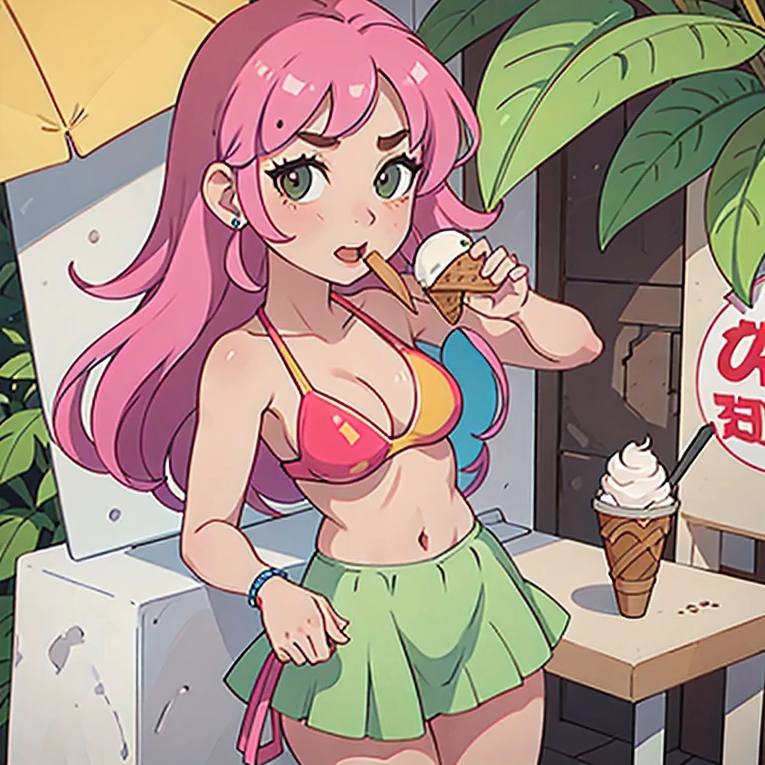 girl in a bikini eating an ice cream cone, eating ice cream, in a bikini, angela white, giorgia meloni, katy perry, in bikini, eating ice - cream, wearing spandex bikini, ice cream on the side, bikini, ice cream, wearing a bikini, candid photo of dirty, shiny plastic bikini, candid shot, cone, 1 girl, solo,in a green dress standing by a wall,portrait of female idol