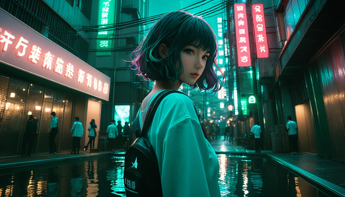Turning Shibuya's Starbucks into a night pool, where mermaids swim hyper detailed, dark moody lighting, cyberpunk, highly detailed, cinematic,dramatic pose, (best quality,4k,8k,highres,masterpiece:1.2),ultra-detailed,(realistic,photorealistic,photo-realistic:1.37),moody lighting,dramatic shadows, environment,dark alleyway,detailed architecture,cinematic perspective,dynamic composition,strong contrast,intense colors