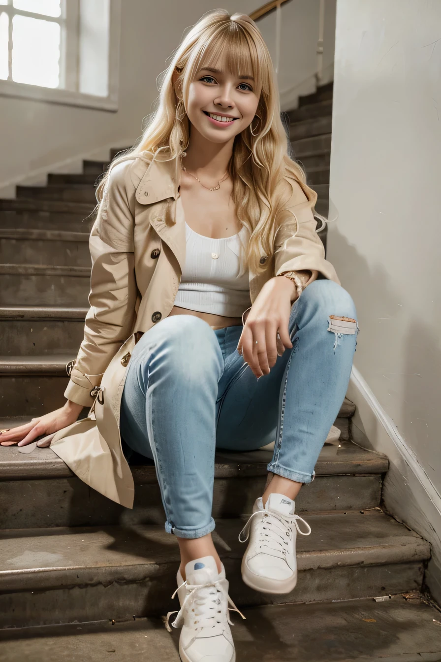 Highest quality, High resolution, 8k wallpaper, beautiful white woman、, Sitting on the stairs 、trench coat、, Skinny jeans, White sneakers 、 Blonde Hair 、、Wavy Hair、 Beautiful Bangs 、ear piercing、smile、Beautiful teeth alignment
