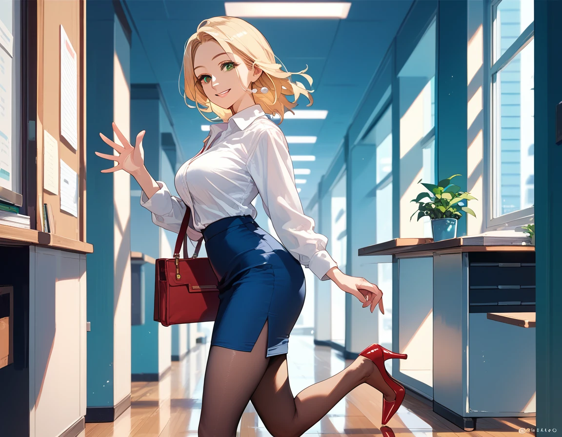 (score_9,score_8_up,score_7_up),1woman,solo,source_anime,mature,big sister,middle age,blonde hair,green eyes, white shirt, pantyhose, (blue skirt:1.2), pencil skirt, red stiletto heels, warm smile, warm eyes, view from side, walking, waving, saying hello, tiled floor, office open space, looking at viewer, looking to the side