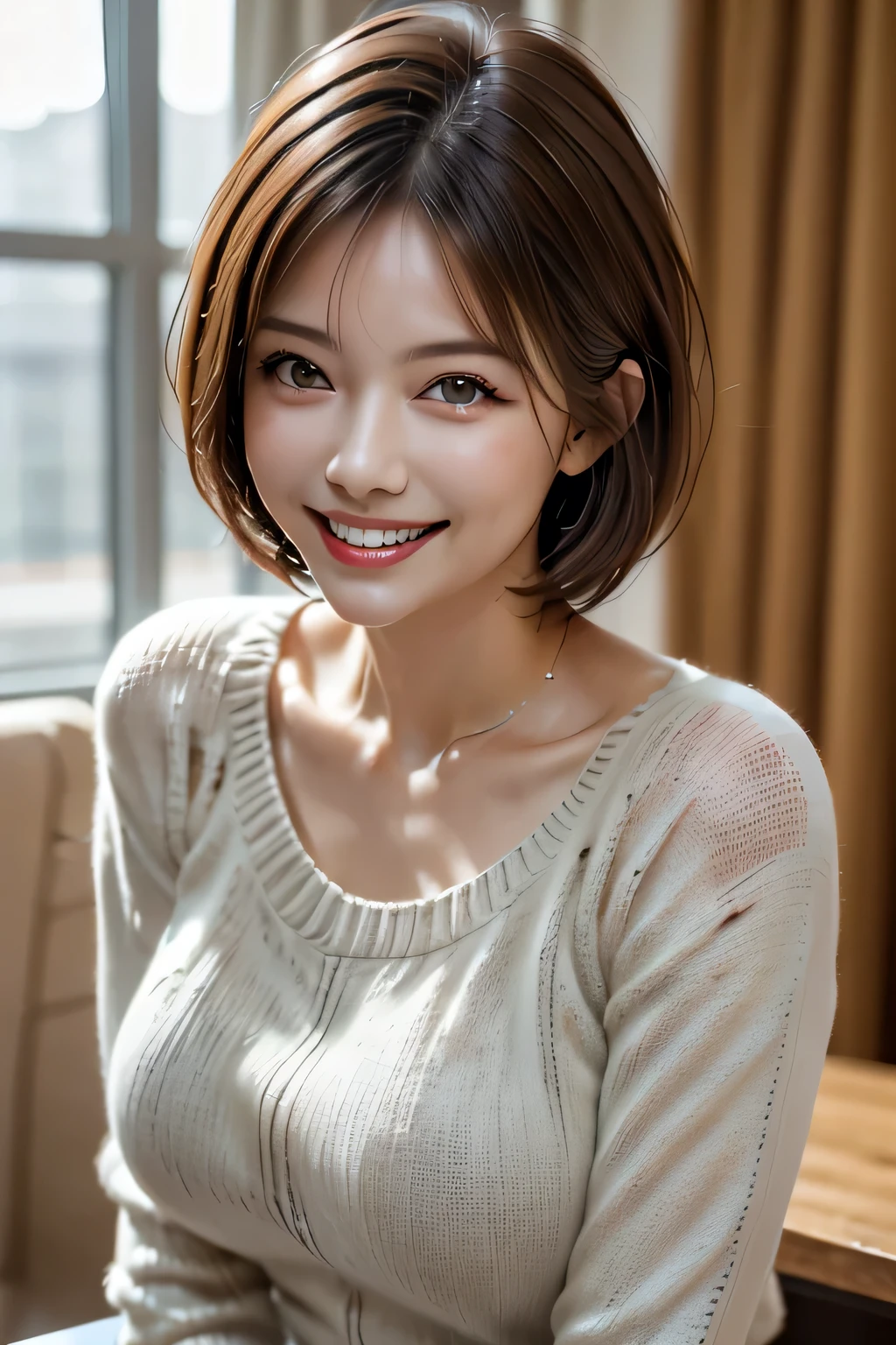 ((Realistic Light, Highest quality, 8k, Tabletop: 1.3)), 1 girl, Brunette Pixie Cut, Large Breasts, (Summer Sweater), Highly detailed face, Beautiful Eyes, double eyelid, grin, (Elegant), Relax, (My Room)