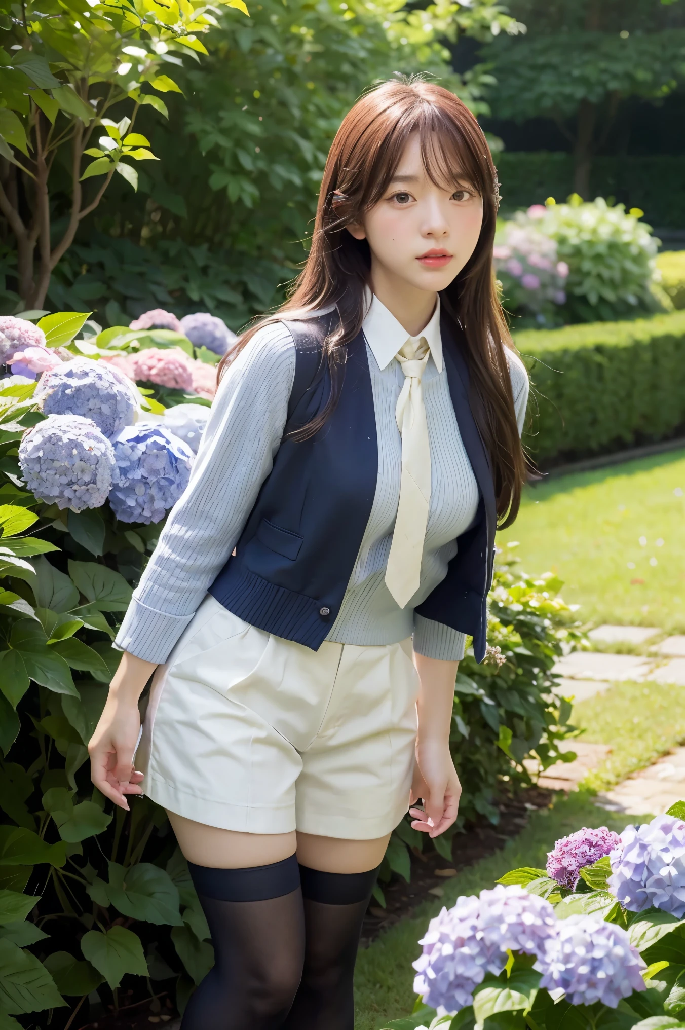 A Girl,close-up,Stockings,Hydrangea,Garden,looking at viewer,photorealistic,realistic,solo,