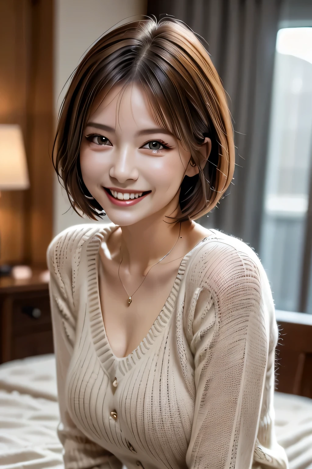 ((Realistic Light, Highest quality, 8k, Tabletop: 1.3)), 1 girl, Brunette Pixie Cut, Large Breasts, (Summer Sweater), Highly detailed face, Beautiful Eyes, double eyelid, grin, (Elegant), Relax, (My Room)