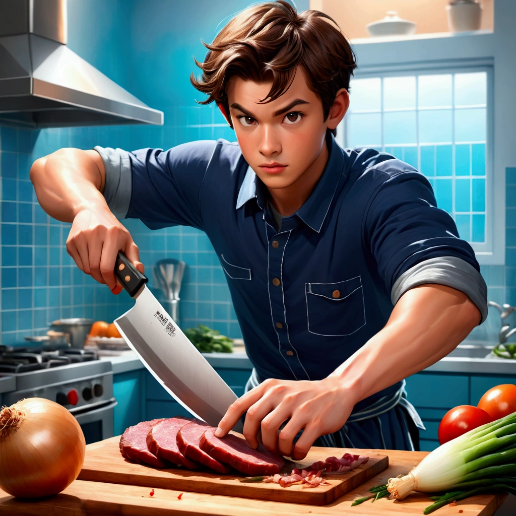cutting board,knife,food,kitchen knife,male focus,solo,holding knife,meat,holding,1boy,onion,(Food close-ups:1.1),