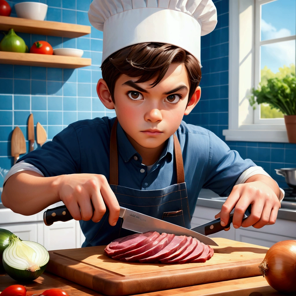 cutting board,knife,food,kitchen knife,male focus,solo,holding knife,meat,holding,1boy,onion,(Food close-ups:1.1),