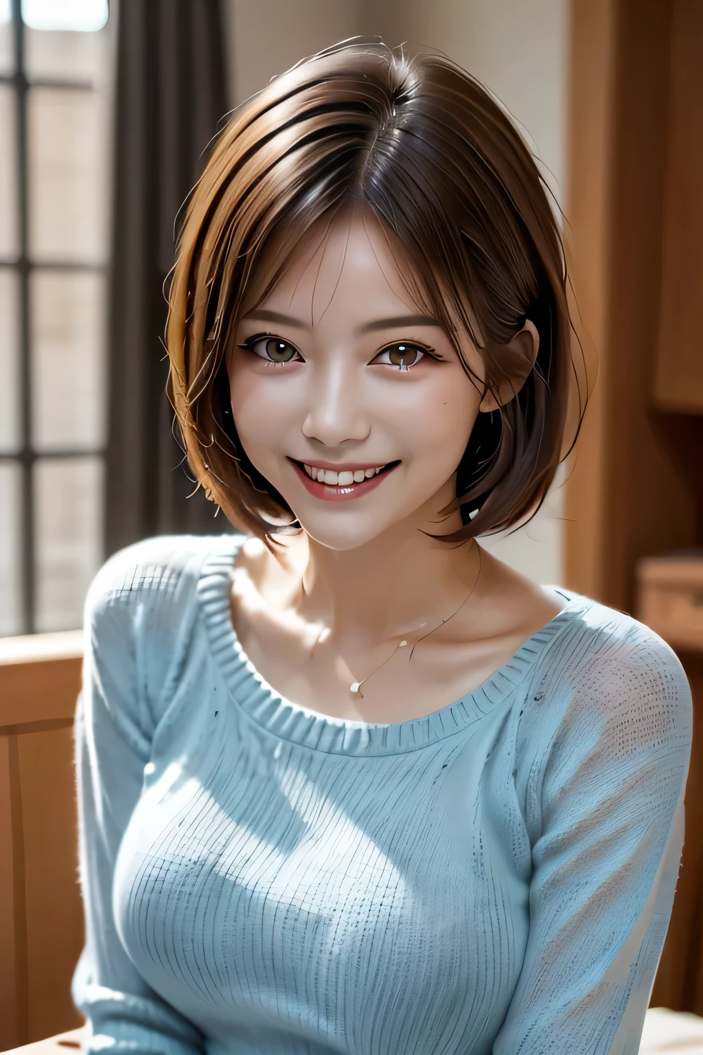 ((Realistic Light, Highest quality, 8k, Tabletop: 1.3)), 1 girl, Brunette Pixie Cut, Large Breasts, (Summer Sweater), Highly detailed face, Beautiful Eyes, double eyelid, grin, (Elegant), Relax, (My Room)