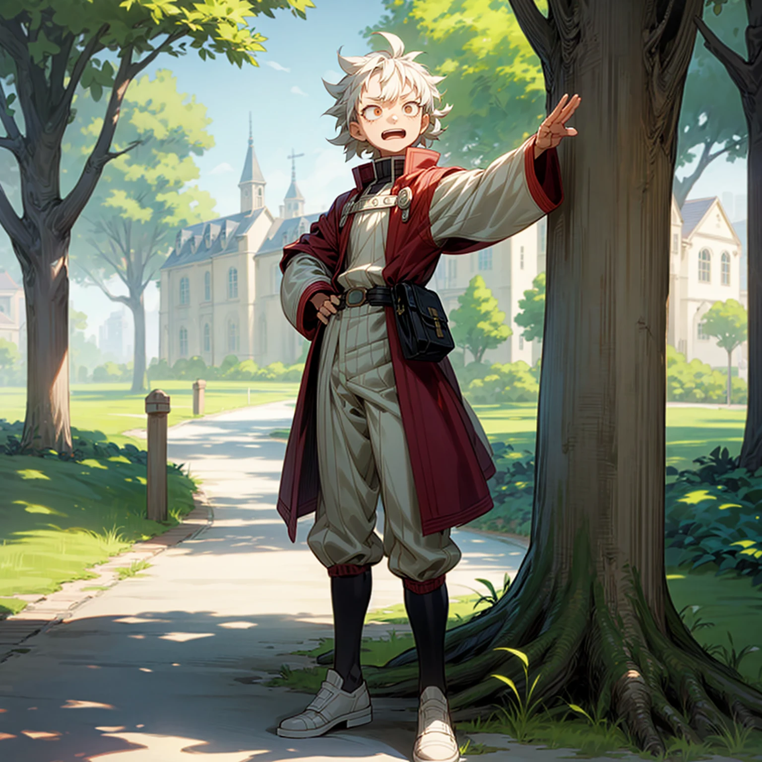 Solo character, kid boy, short height, full body version, white eyes, white colour hair, long curly haircut, casual clothing, belt, shoes, outdoor, town, park, medieval, afternoon, standing gesture, detailed clothing, detailed hair, detailed background, open mouth, (boku no hero academia)