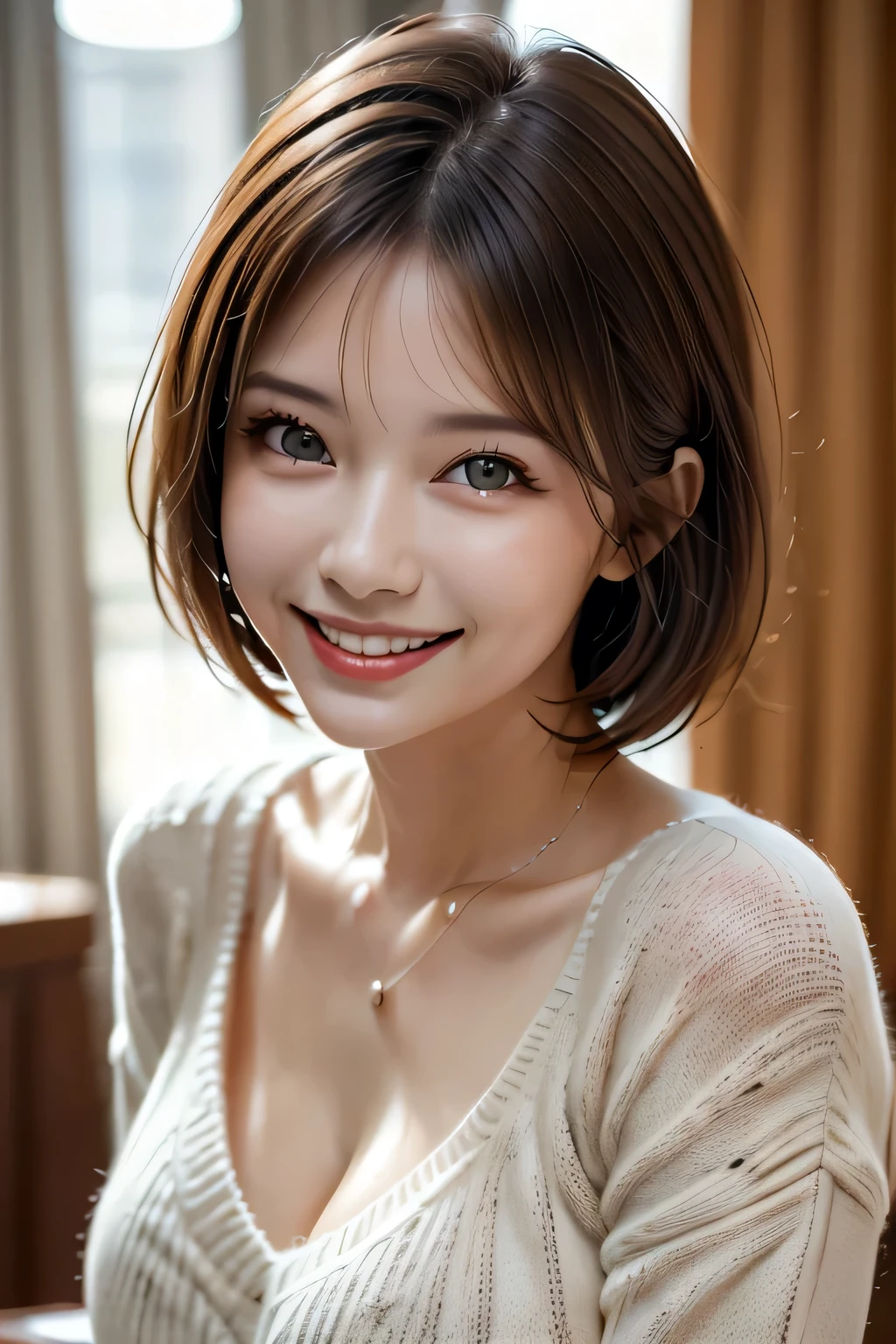 ((Realistic Light, Highest quality, 8k, Tabletop: 1.3)), 1 girl, Brunette Pixie Cut, Large Breasts, (Summer Sweater), Highly detailed face, Beautiful Eyes, double eyelid, grin, (Elegant), Relax, (My Room)