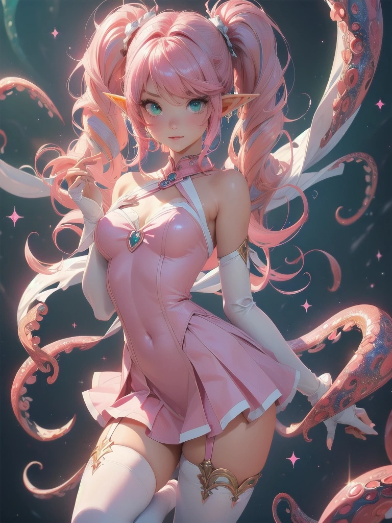 high resolution:1.7, incredibly absurdres, kawaii:1, cute:1.5, hires.fix, anime visual:1, incredibly fine illustration,8k,masterpiece:1.2,best quality, high quality, exquisite, beautiful, insanely detailed, intricate detailed, extremely detailed, Super Definition, ultra high res, Super Resolution, best aesthetic, ultra detailed:1.5, best quality, perfect face, detailed face, masterpiece:1.2, illustration:1.2, 8k cg wallpaper, stunning art,absurdres,octane render,ultra hires,
Japanese Actress,(Idol),18yo,Beautiful,(Cute and lovely),cute girl,((anime elf with extremely cute and beautiful pink hair)),((((pink hair:1.35,colored inner hair,ear breathing)))),(((green_eyes:1.3))),intricate eyes,beautiful detailed eyes,symmetrical eyes,big eyes:1.5,enchanting bright eyes studded with gold and silver dust,(((pinky skin,glowing_skin,lustrous skin:1.5,bright skin: 1.5,skin tanned,shiny skin,very shiny skin,shiny body,plastic glitter skin,exaggerated shiny skin,illuminated skin))),upward breasts,waist slender,(detailed body,(detailed face)),cute,daring,zettai ryouiki,show skin,best relationship with four fingers and one thumb,Very Fine Face and Eyes,Very Fine Hair,(Perfect Anatomy),smile,closed mouth,Garter Belt,Bare shoulders,((Check out our thru-rack chokers and midi rings with chains,(a girl),(pink medium hair), disheveled hair, short hair, twintail, two side up hair, sky blue ribbon trim, shiny hair, shiny skin, cute face, blush cheeks, arched back, (ager magical girl), pink frill skirt, white leotard,ribbon, (white elbow groves), white legwear, full body, (asphalt),(tentacles:1.2),