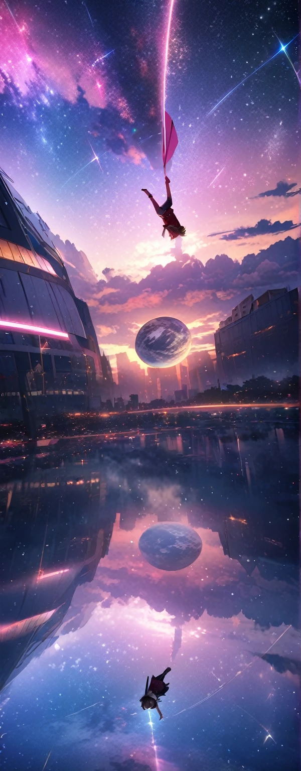 Looks about , (beautiful girl: 1.3),Highest quality,8k,Highly detailed CG unit wallpaper,masterpiece:1.2,top-quality,Ultra-high resolution,RAW Photos,real texture skin,Cinema Lighting,Huge buildings,metropolis,Big, round, beautifully shaped butt,),(Perfect hands, Perfect Anatomy),((Pink light rain)),(((the world turns upside down))),1girl,Beautiful starry sky