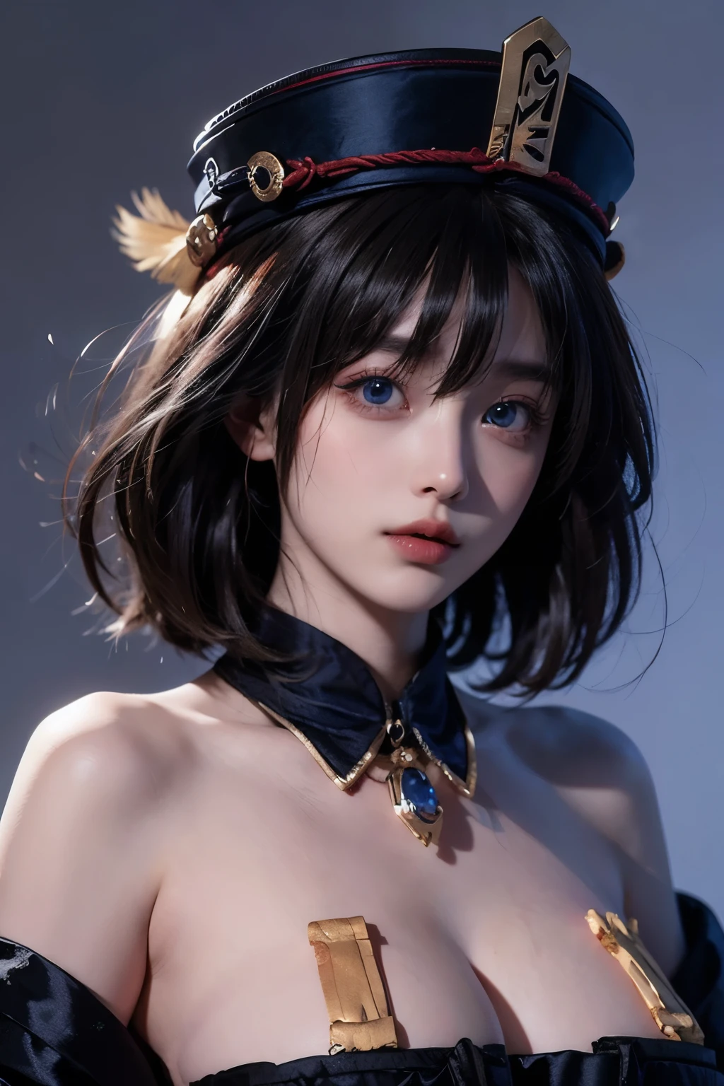 (qing guanmao:1.3),Hat,(red gemstone:1.2),white background,simple background,(gem:1.2),hwah jah,(streaked hair:1.4),floating paper,zombie fairy,(multicolored hair:1.3),(blue eyes:1.2),bare shoulders,, best quality , masterpiece, illustration, an extremely delicate and beautiful, extremely detailed ,CG,unity,8k wallpaper, Amazing, finely detail, masterpiece, best quality,official art,extremely detailed CG unity 8k wallpaper,absurdres, incredibly absurdres, huge filesize , ultra-detailed, highres, extremely detailed,beautiful detailed girl, extremely detailed eyes and face, beautiful detailed eyes,light on face,